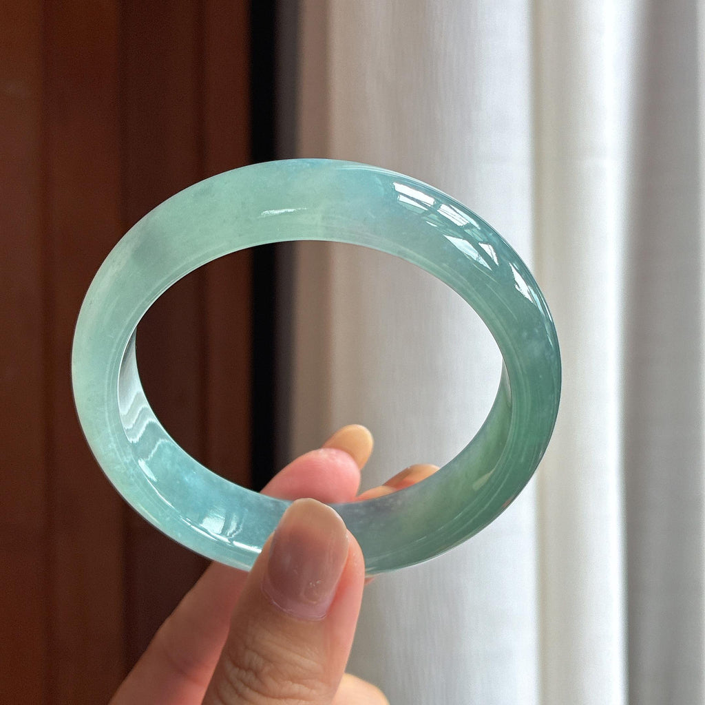 冰种湖水蓝宽版翡翠平安镯（57.8mm）（yc420191）