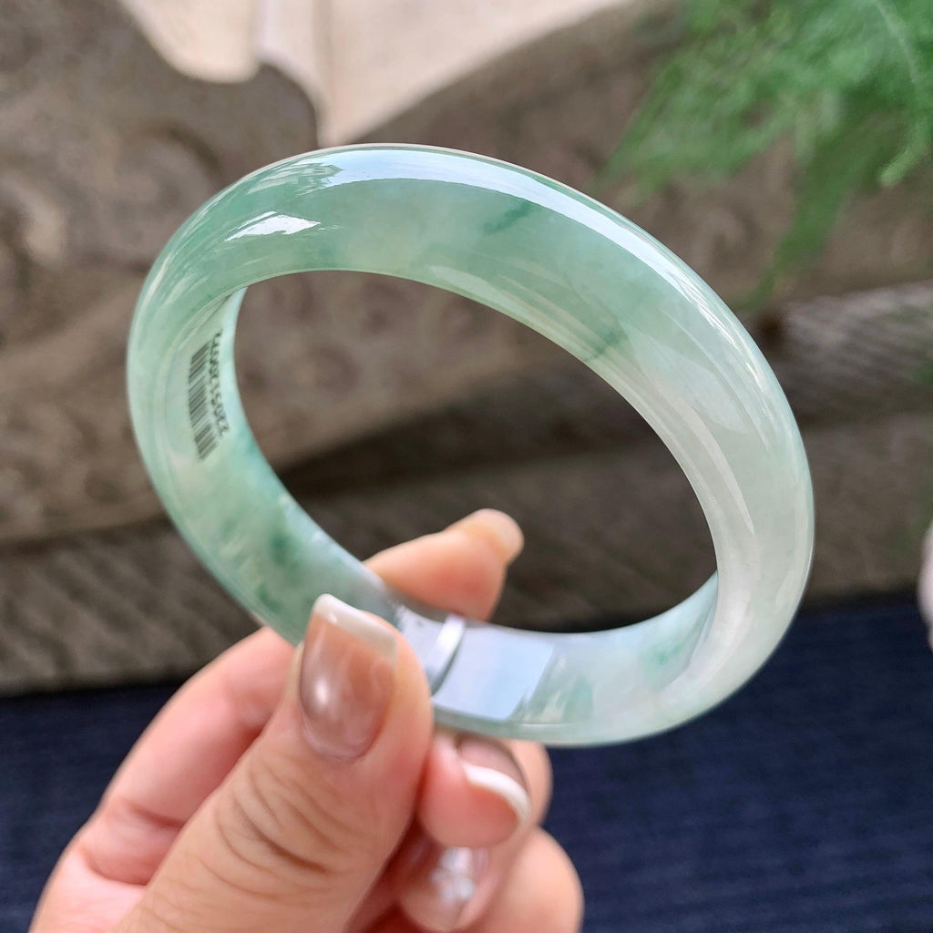 大圈口 糯冰种飘绿花宽版轮胎手镯 58.2圈口 天然缅甸A货翡翠（yc372348）