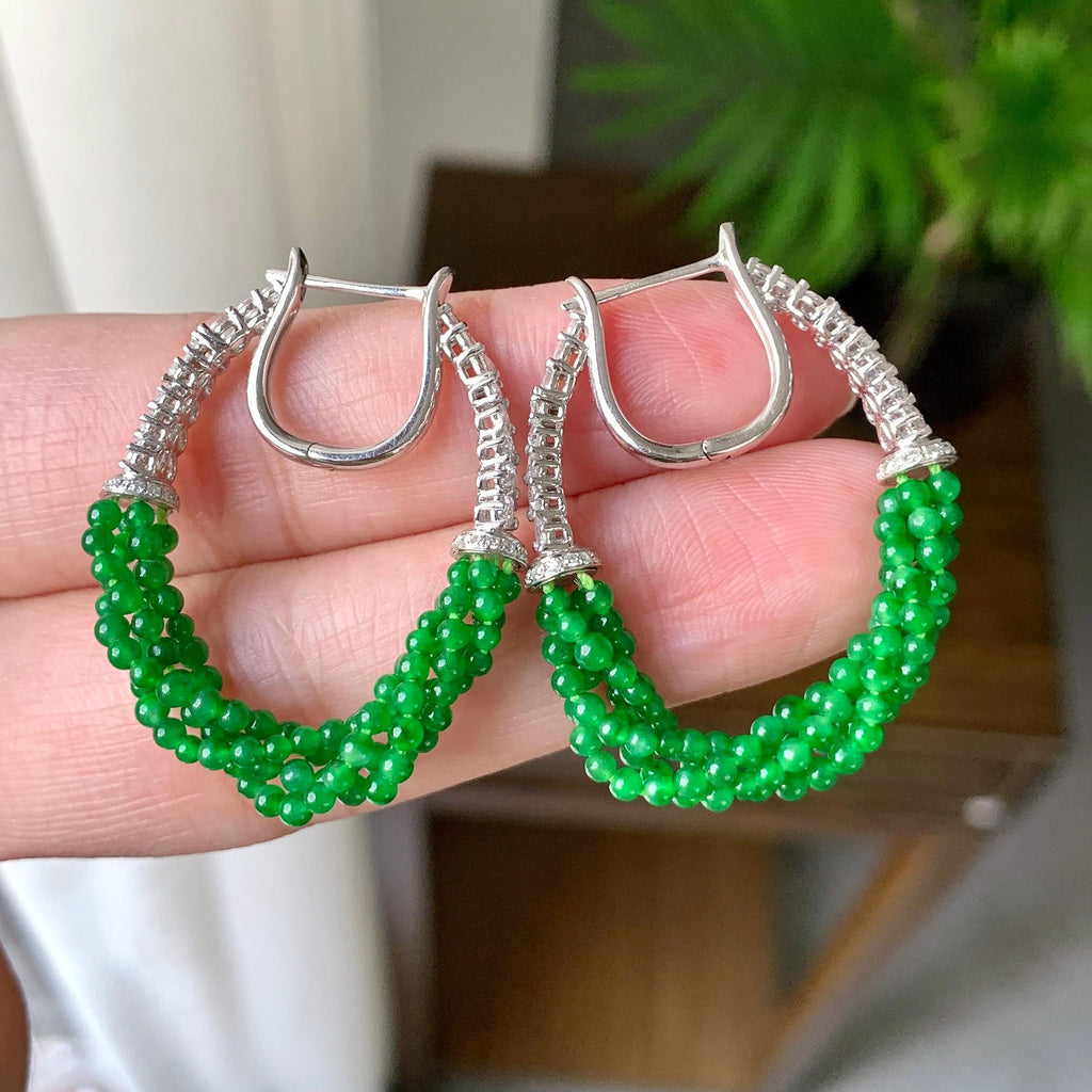 18K金钻镶糯冰种满绿小米珠耳坠（yc248201）