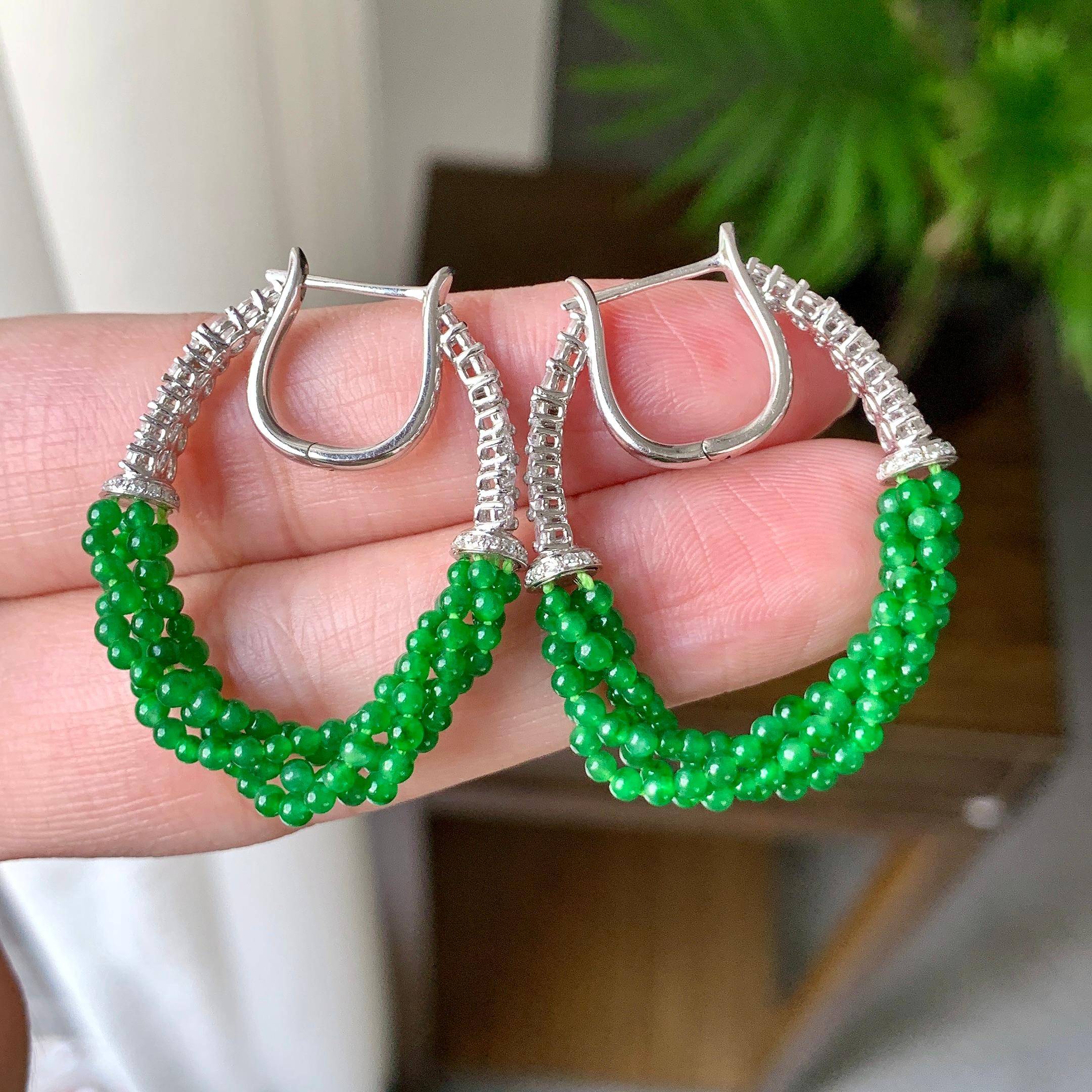 18K金钻镶糯冰种满绿小米珠耳坠（yc248201）