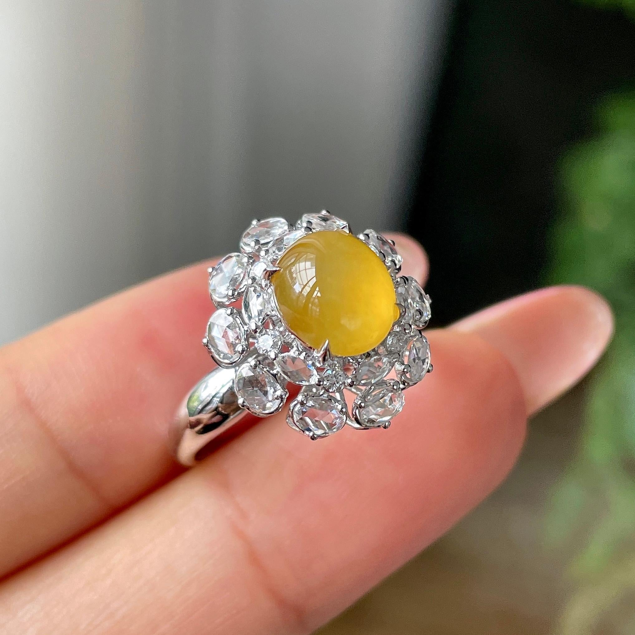 18k金钻镶冰种黄翡蛋面戒指         天然缅甸A货翡翠（yc439220）