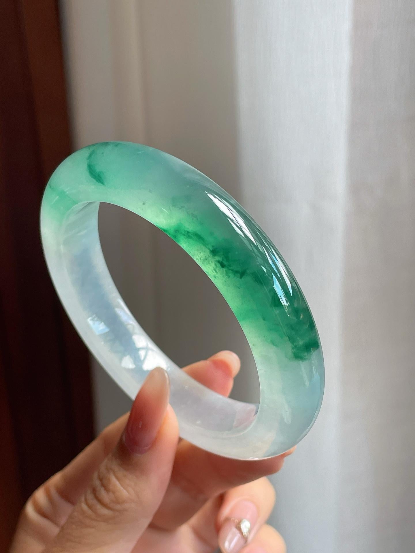 冰种起光飘花翡翠平安镯（57mm）（yc190536）
