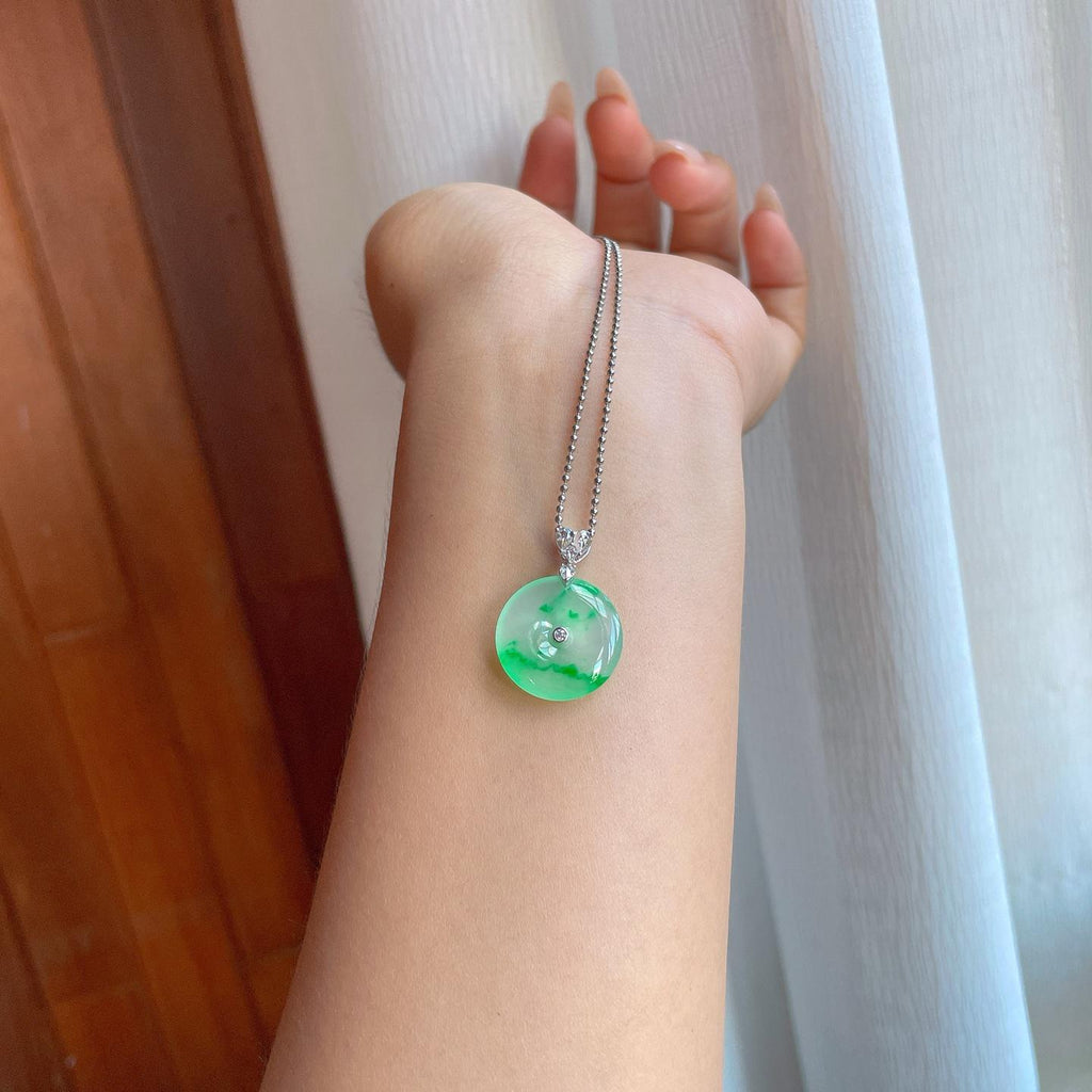 18k金扣冰种阳绿花翡翠平安扣（yc239328）