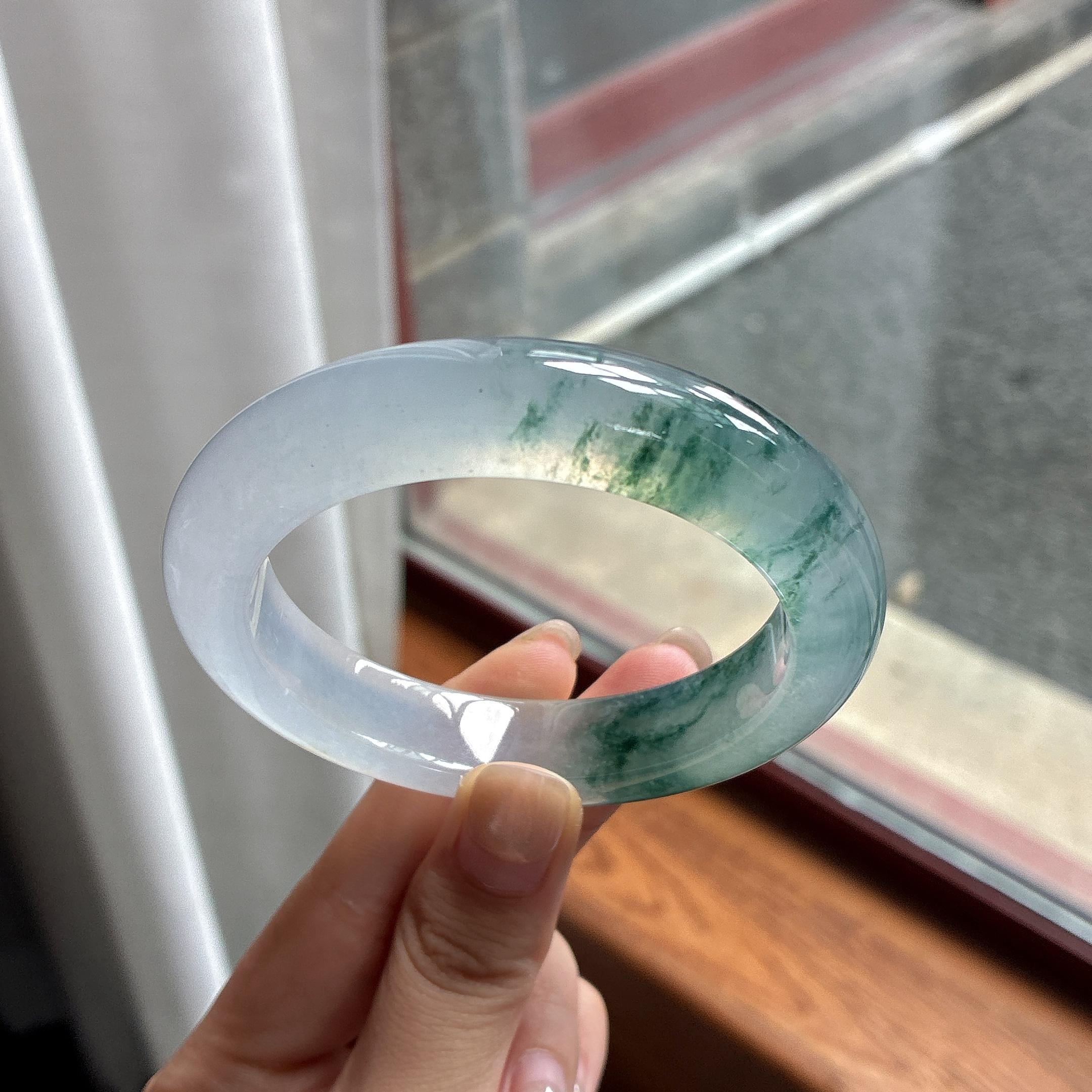 高冰种飘花正圈平安镯 56圈 天然缅甸A货翡翠（yc484411）