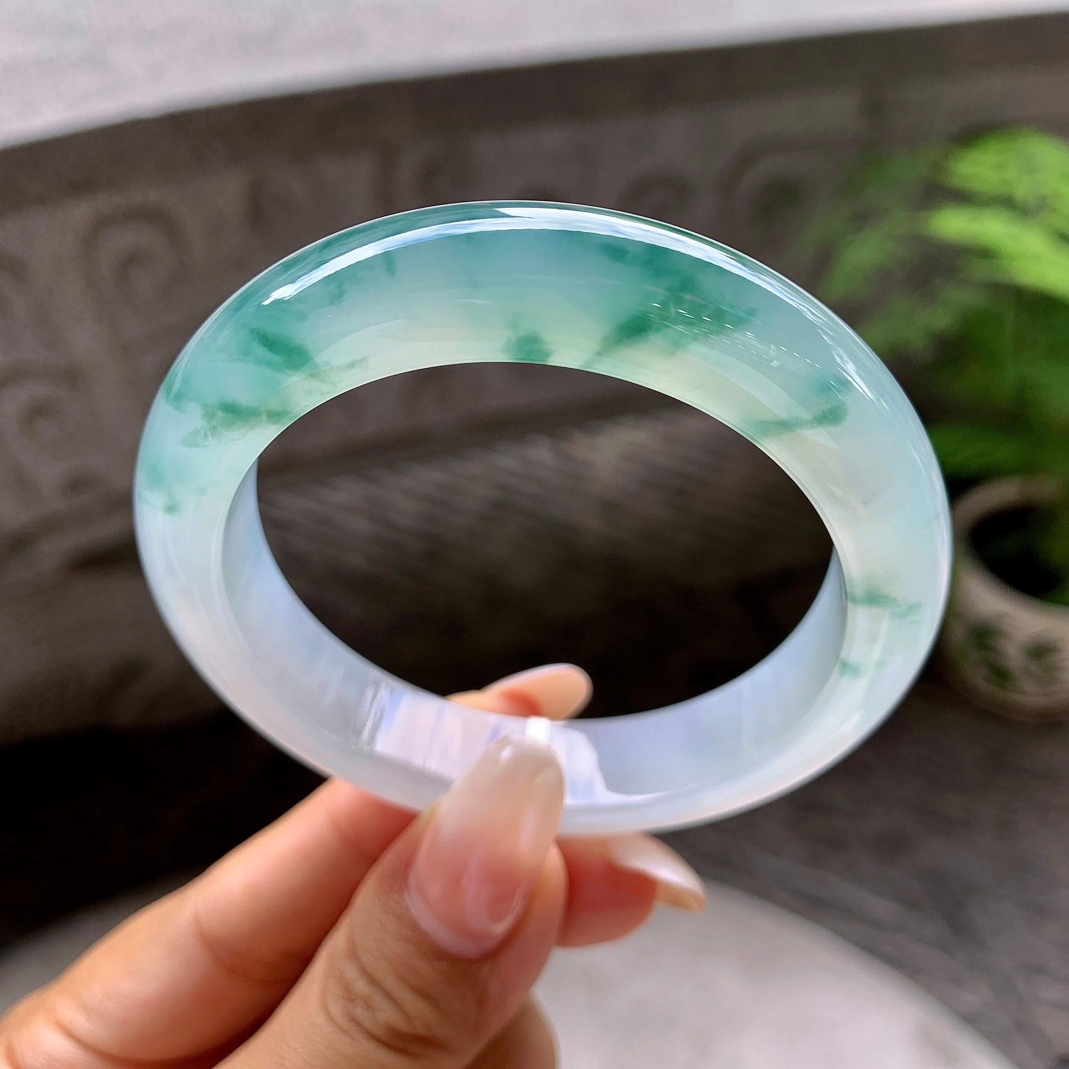 糯冰种飘花平安镯（53.5mm）（yc203713）