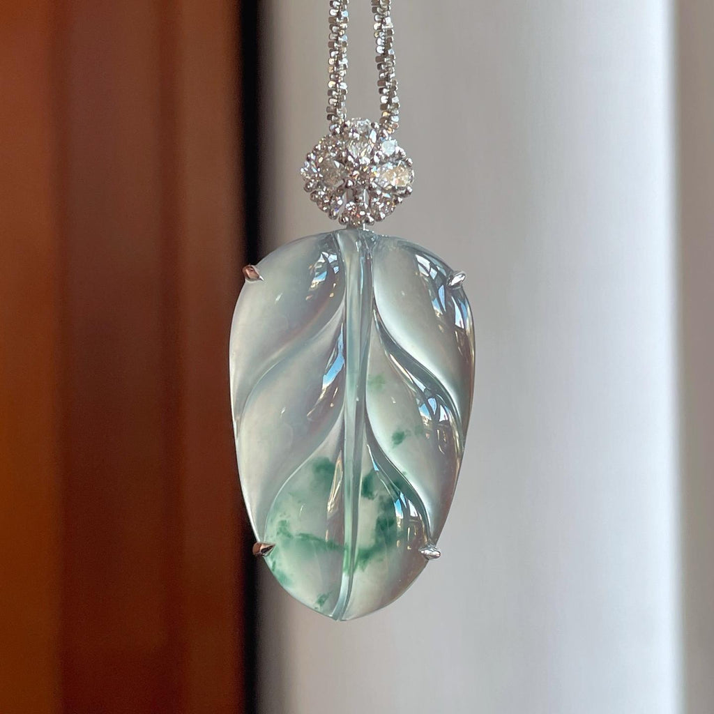 18k金钻镶冰玻种飘绿翡翠叶子（yc270322）