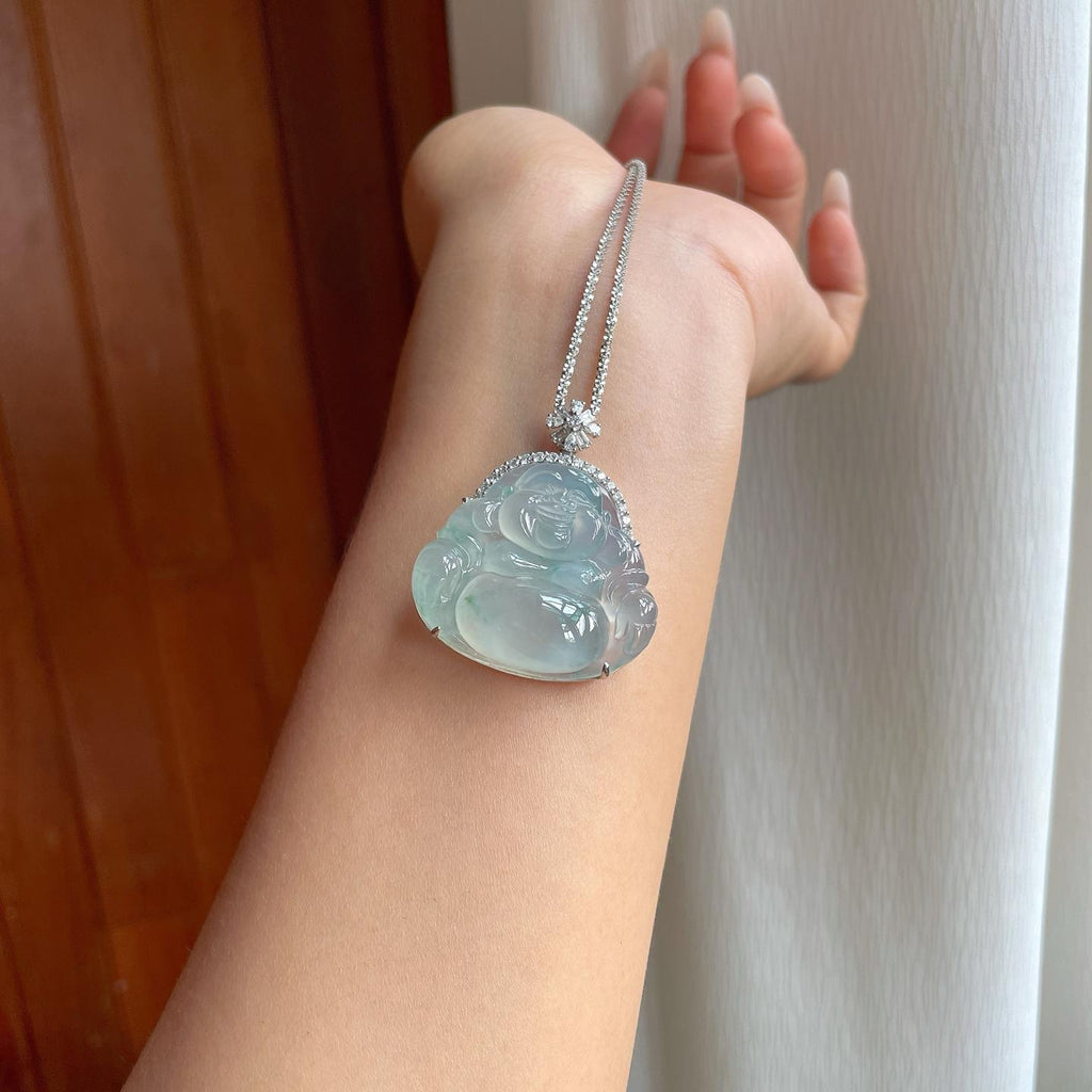 18k金钻镶冰种飘花翡翠佛公（yc263549）