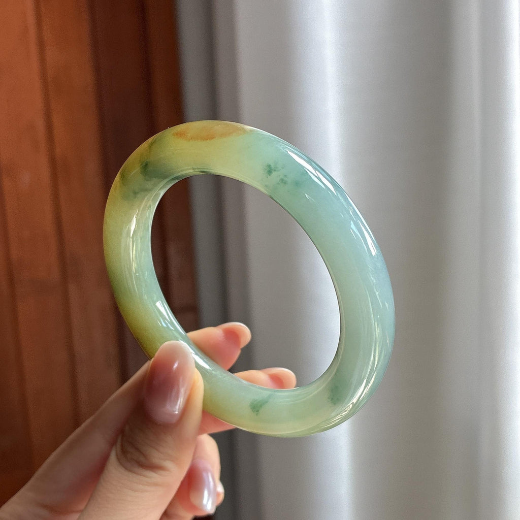 糯冰黄翡飘花特色圆条手镯 53圈 天然缅甸A货翡翠（yc697715）