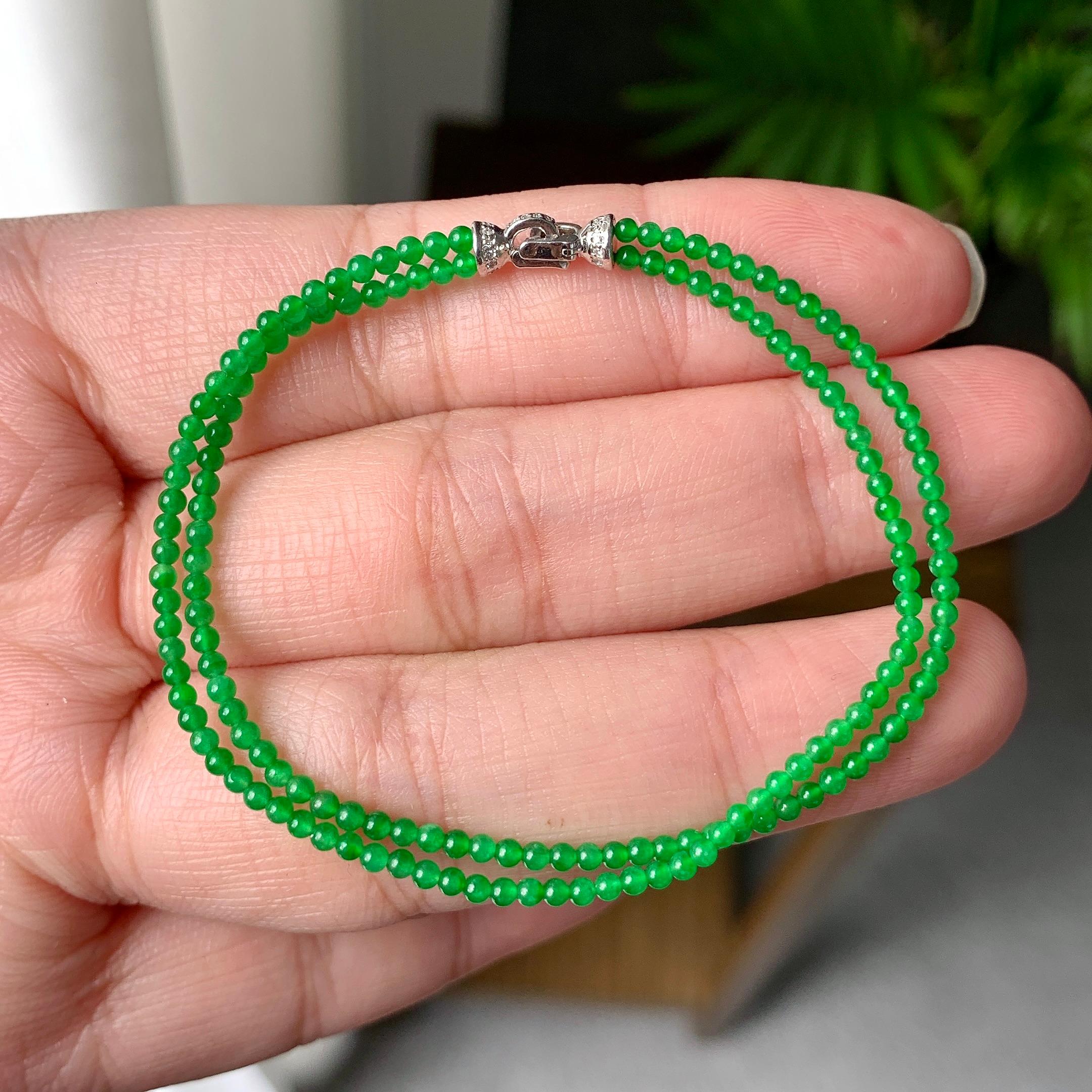 18K金钻镶糯冰种满绿小米珠链/手链（两用款）（yc252061）