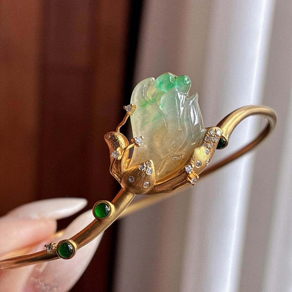 18k金镶冰种黄加绿莲花手镯 天然缅甸A货翡翠（yc525526）