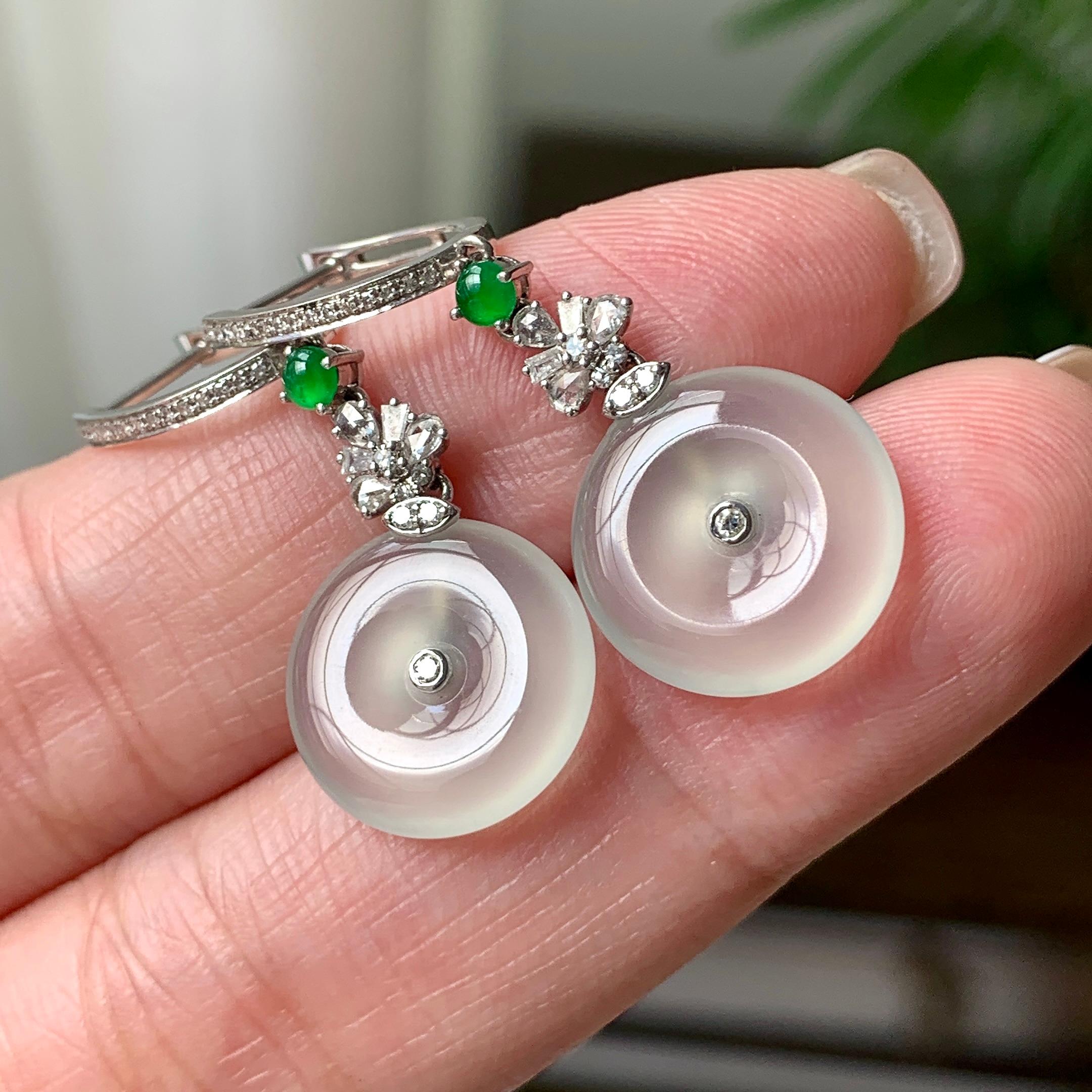 18K金钻镶冰种无色平安扣耳坠  天然缅甸A货翡翠（yc362078）