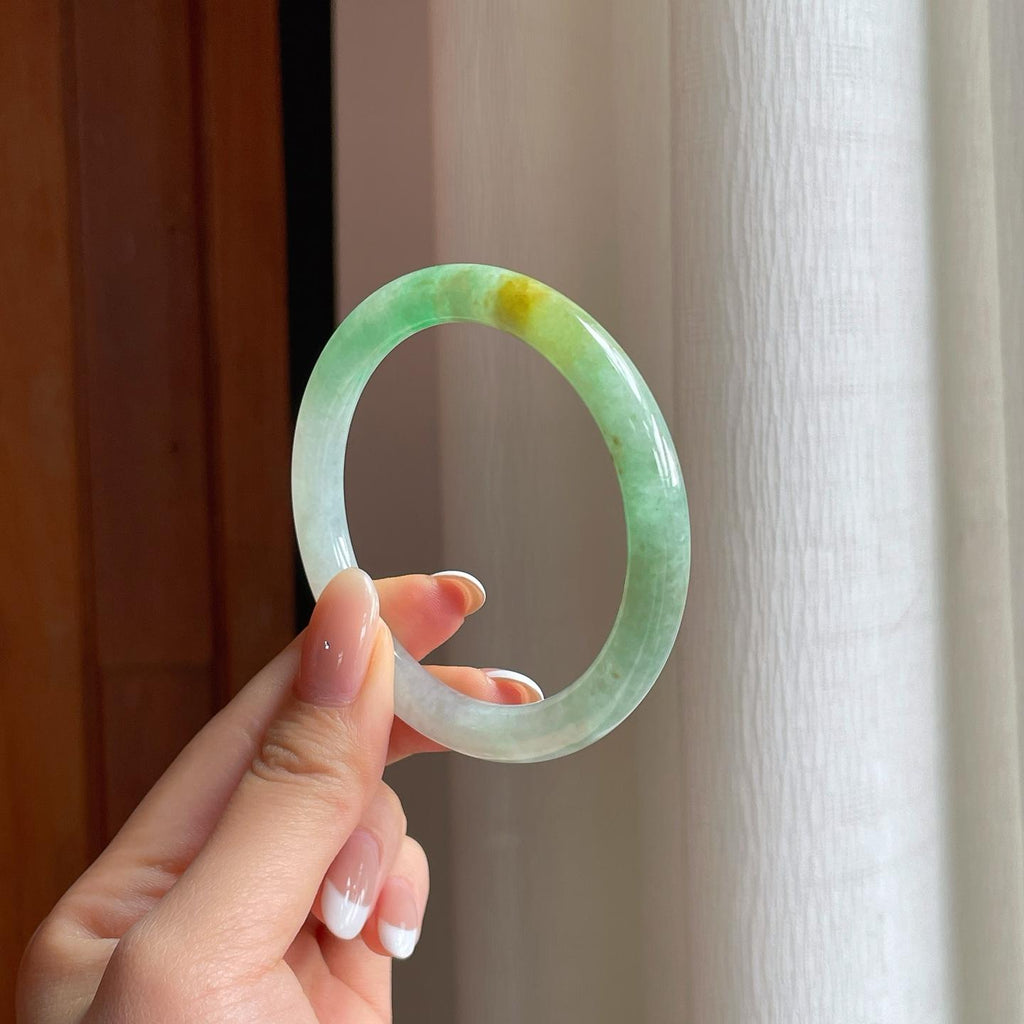 糯冰黄加绿翡翠圆条手镯（53.8mm)（yc381228）