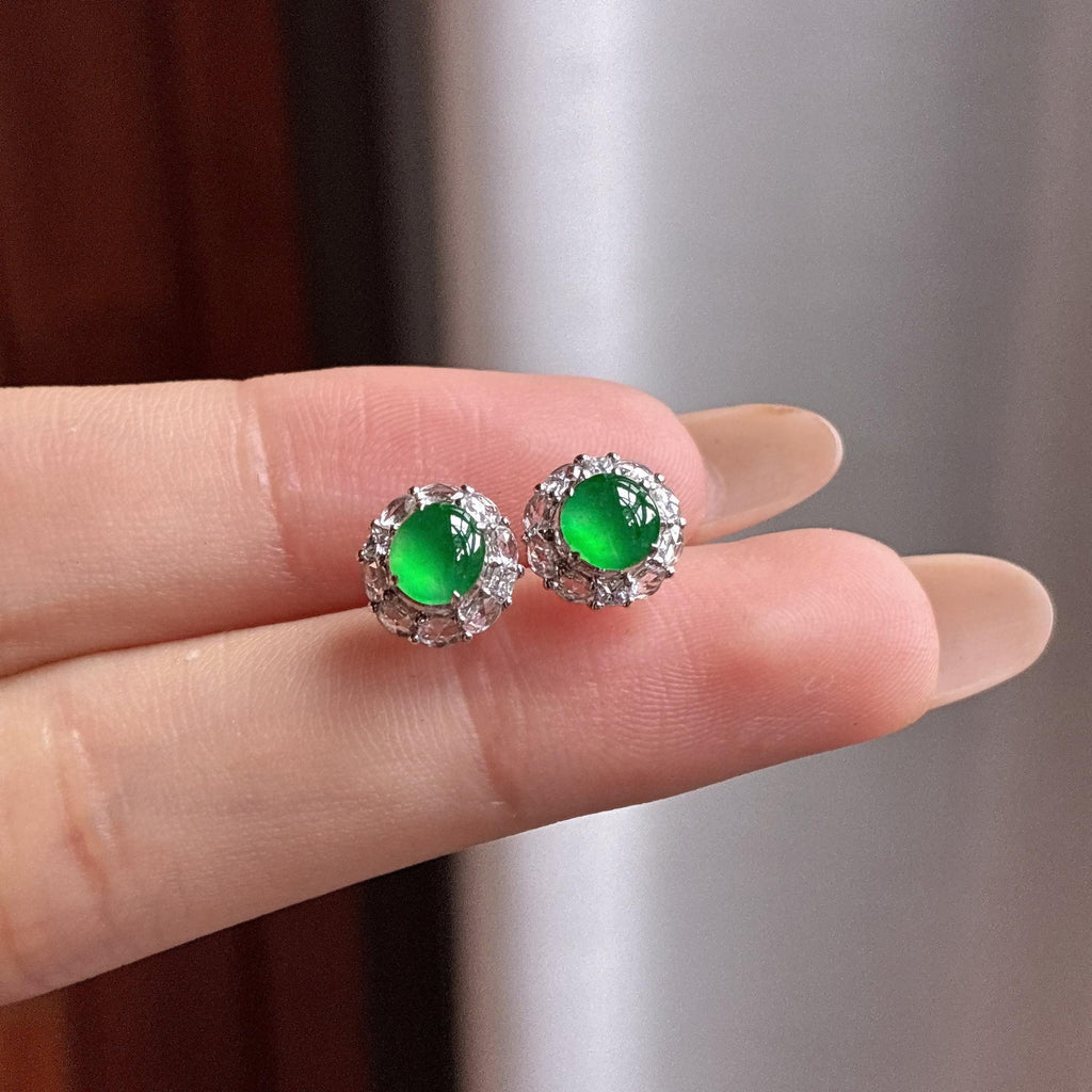 18k金镶冰种满绿蛋面耳饰（yc764744）