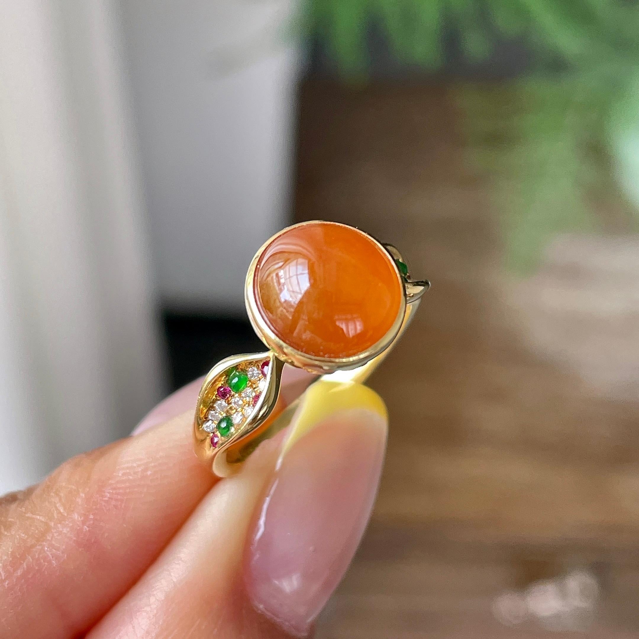 18k金镶糯冰种红翡蛋面戒指   天然缅甸A货翡翠（yc362086）