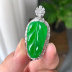 18K金钻镶糯冰种满绿叶子吊坠（yc248212）