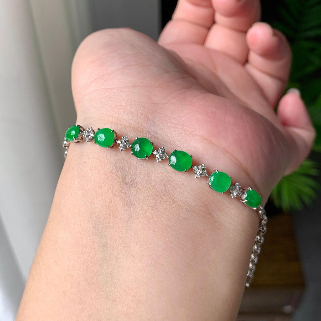 18K金钻镶糯冰种满绿蛋面手链（yc207282）