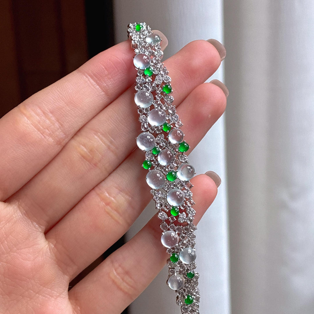 Vòng tay đá quý nhiều màu pha lê băng chủy khảm vàng 18k Ngọc phỉ thúy tự nhiên loại A Myanmar (yc450401)