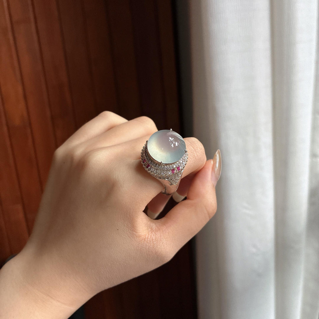 铜托冰种起光淡底色蛋面 天然缅甸A货翡翠（yc465479）