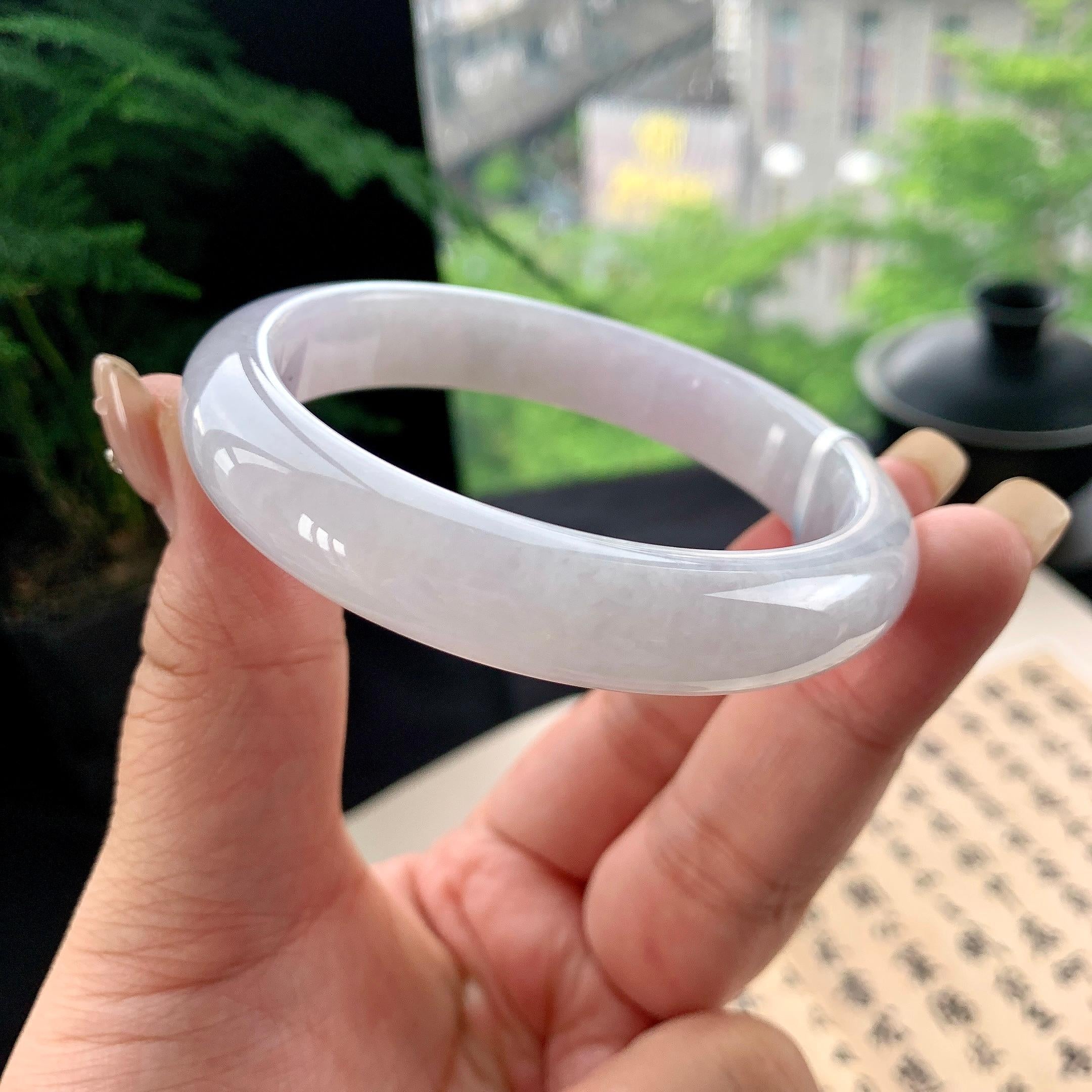 细糯种淡紫罗兰正圈平安镯 57圈口 天然缅甸A货翡翠（yc473074）