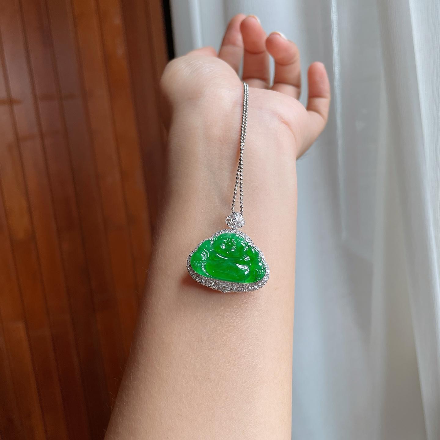 18k金镶冰种满绿翡翠佛公（yc250569）