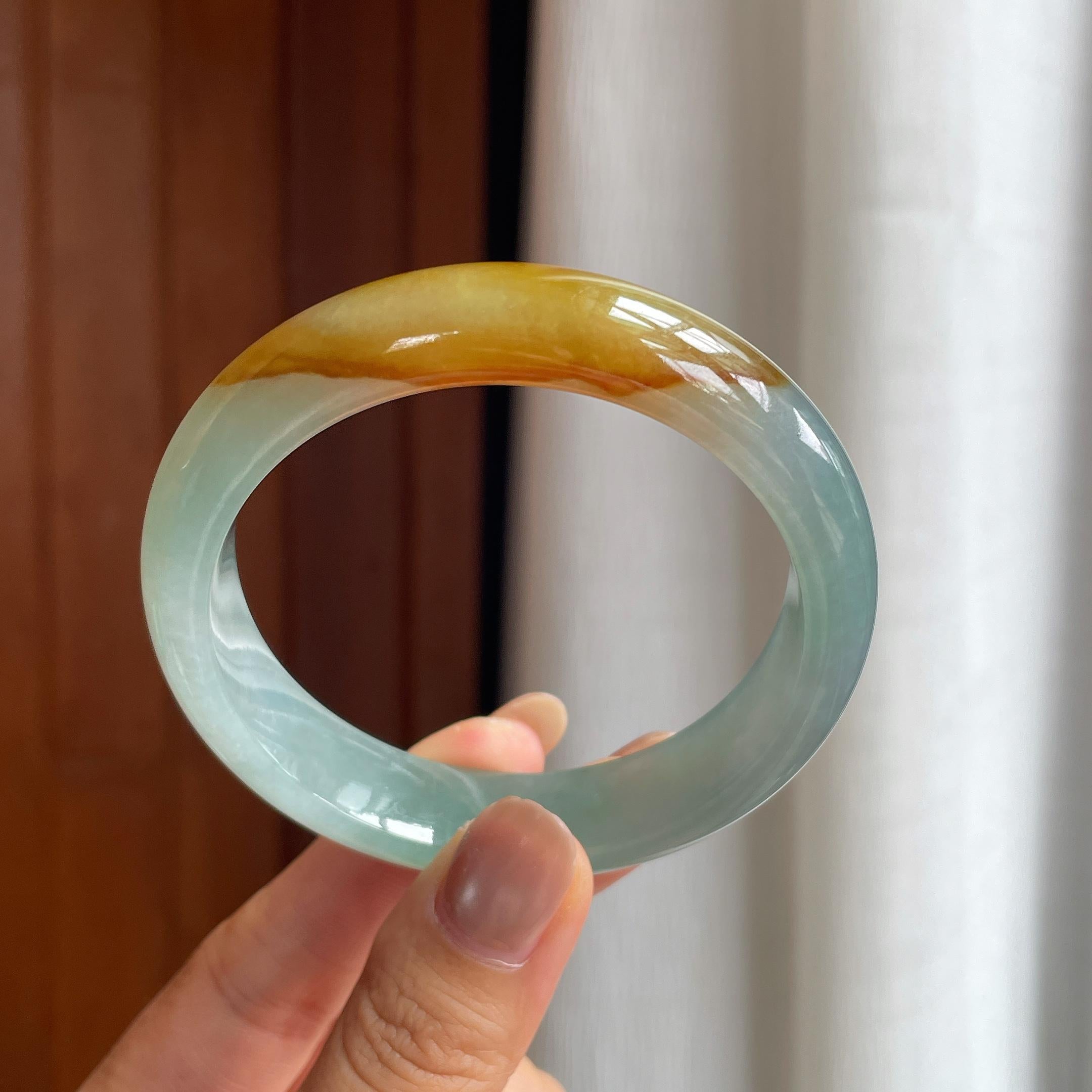 冰种蓝底黄翡翡翠平安镯（57mm）（yc412132）
