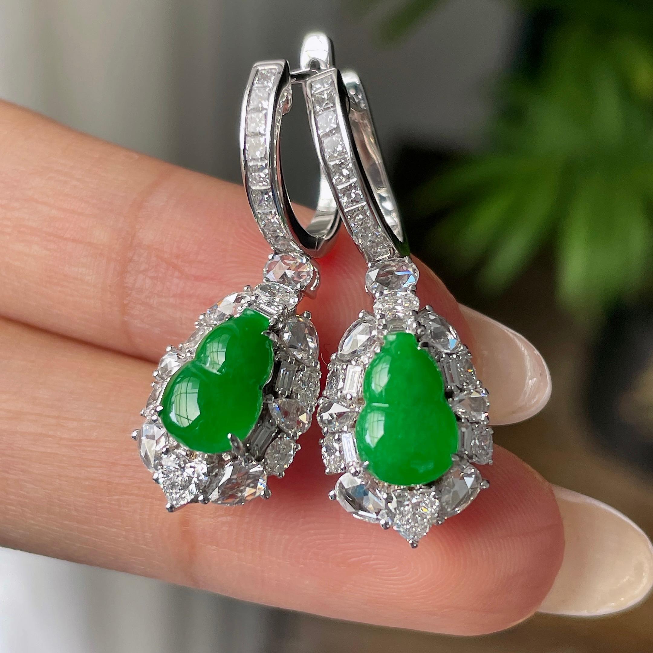 18k金钻镶糯冰种满绿葫芦耳坠         天然缅甸A货翡翠（yc402996）