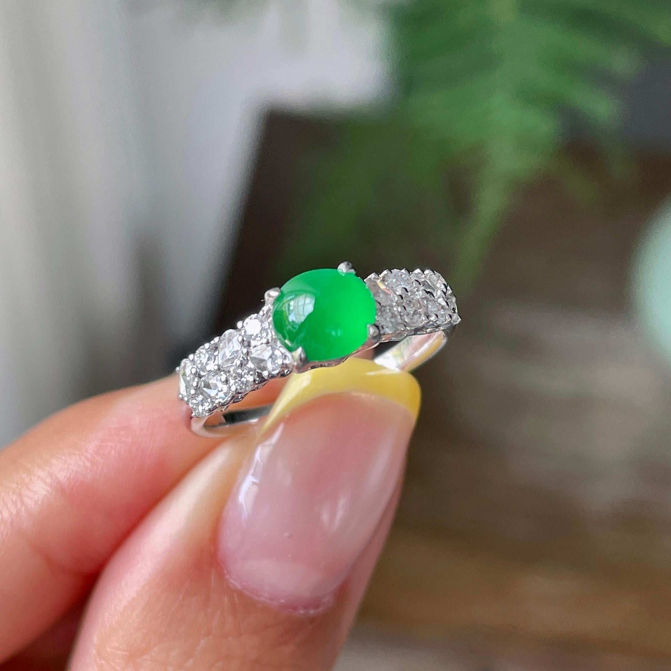 18k金钻镶冰种满绿蛋面戒指     天然缅甸A货翡翠（yc362141）