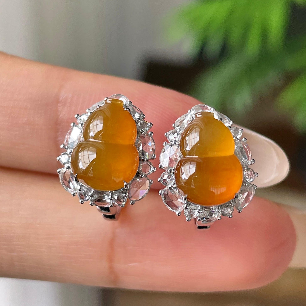 18k金钻镶冰种黄翡葫芦耳钉      天然缅甸A货翡翠（yc415660）