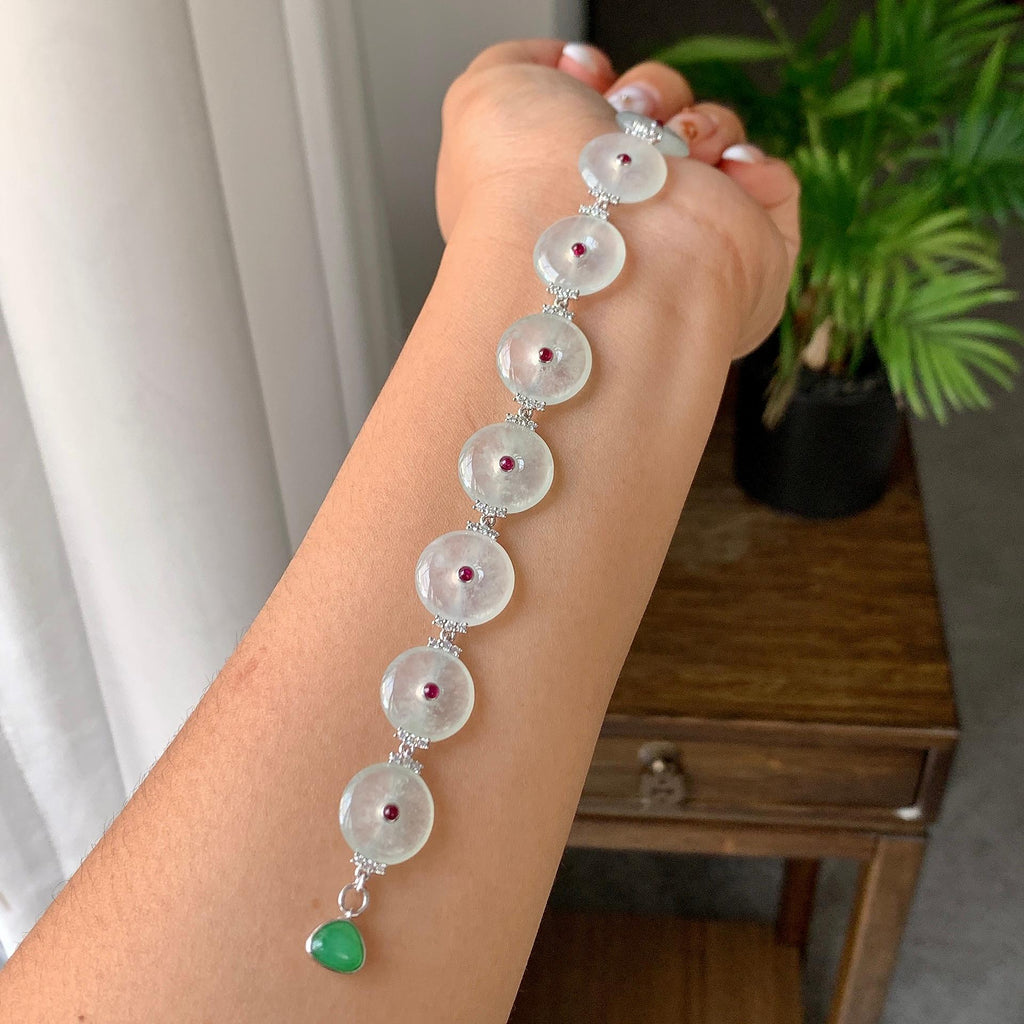 18K金钻镶糯冰种无色平安扣手链（yc246598）