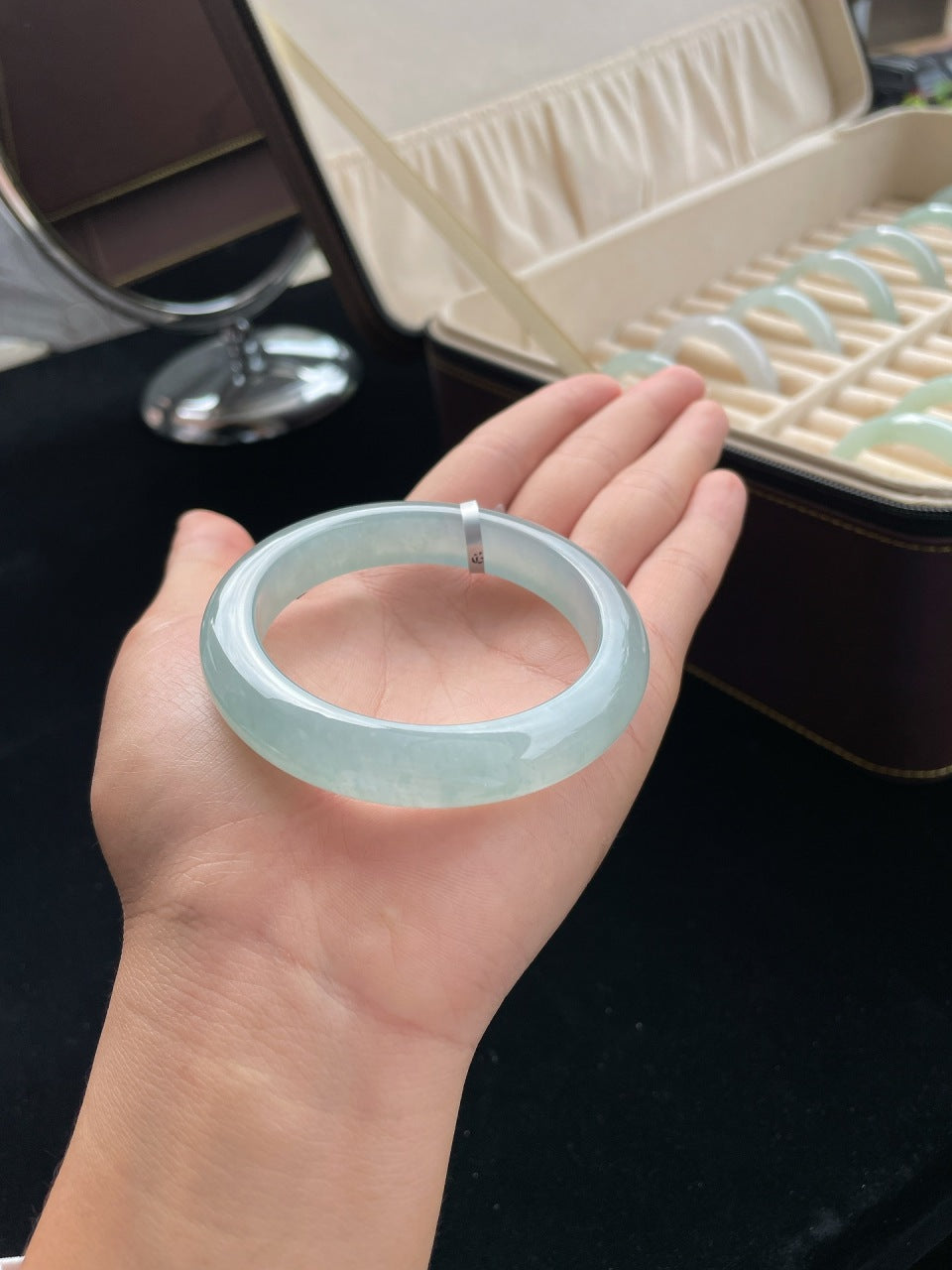冰种蓝晴底正圈翡翠手镯（55mm）（yc013665）