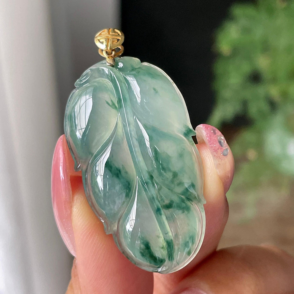 18k金镶糯冰种飘花叶子吊坠      天然缅甸A货翡翠（yc430740）