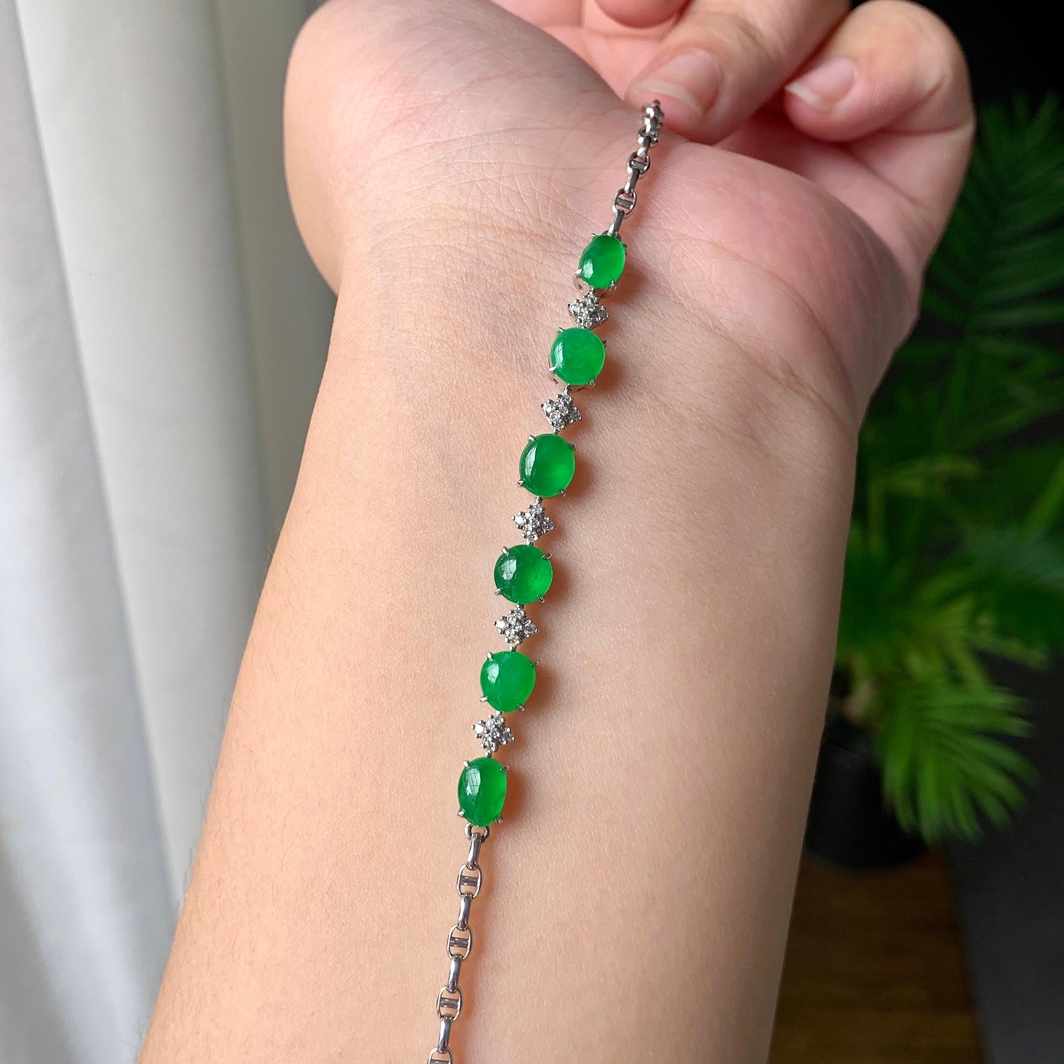 18K金钻镶糯冰种满绿蛋面手链（yc207282）