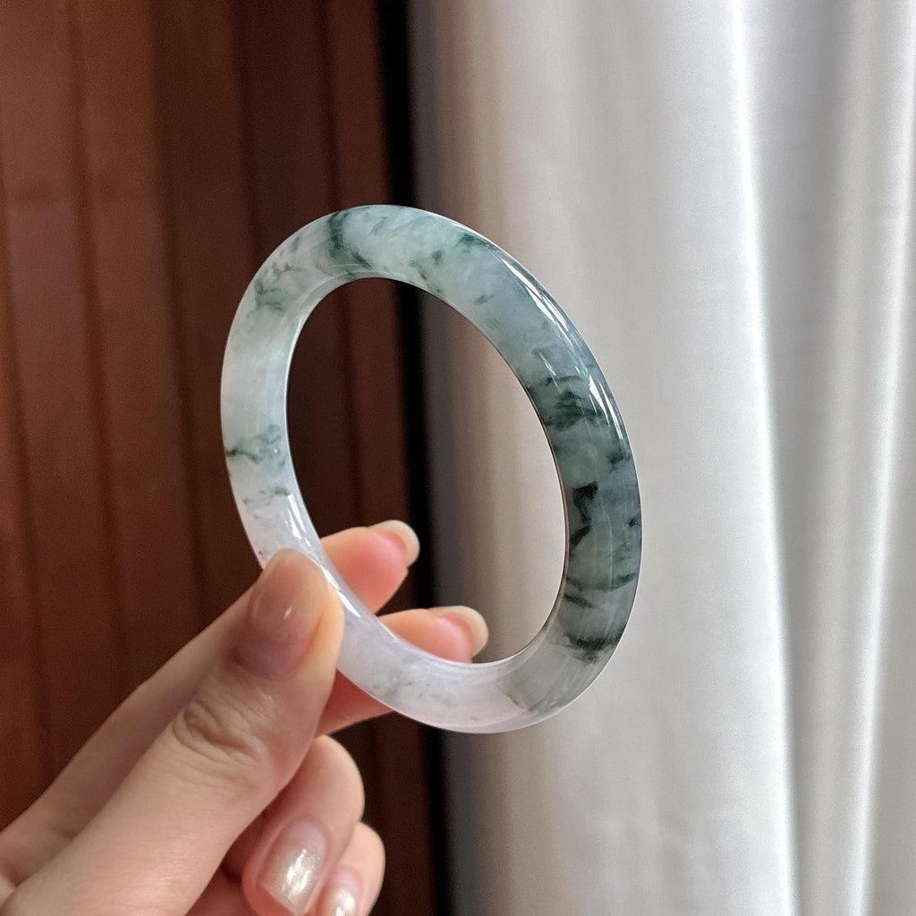 糯冰飘花圆条手镯 52圈 天然缅甸A货翡翠（yc483702）