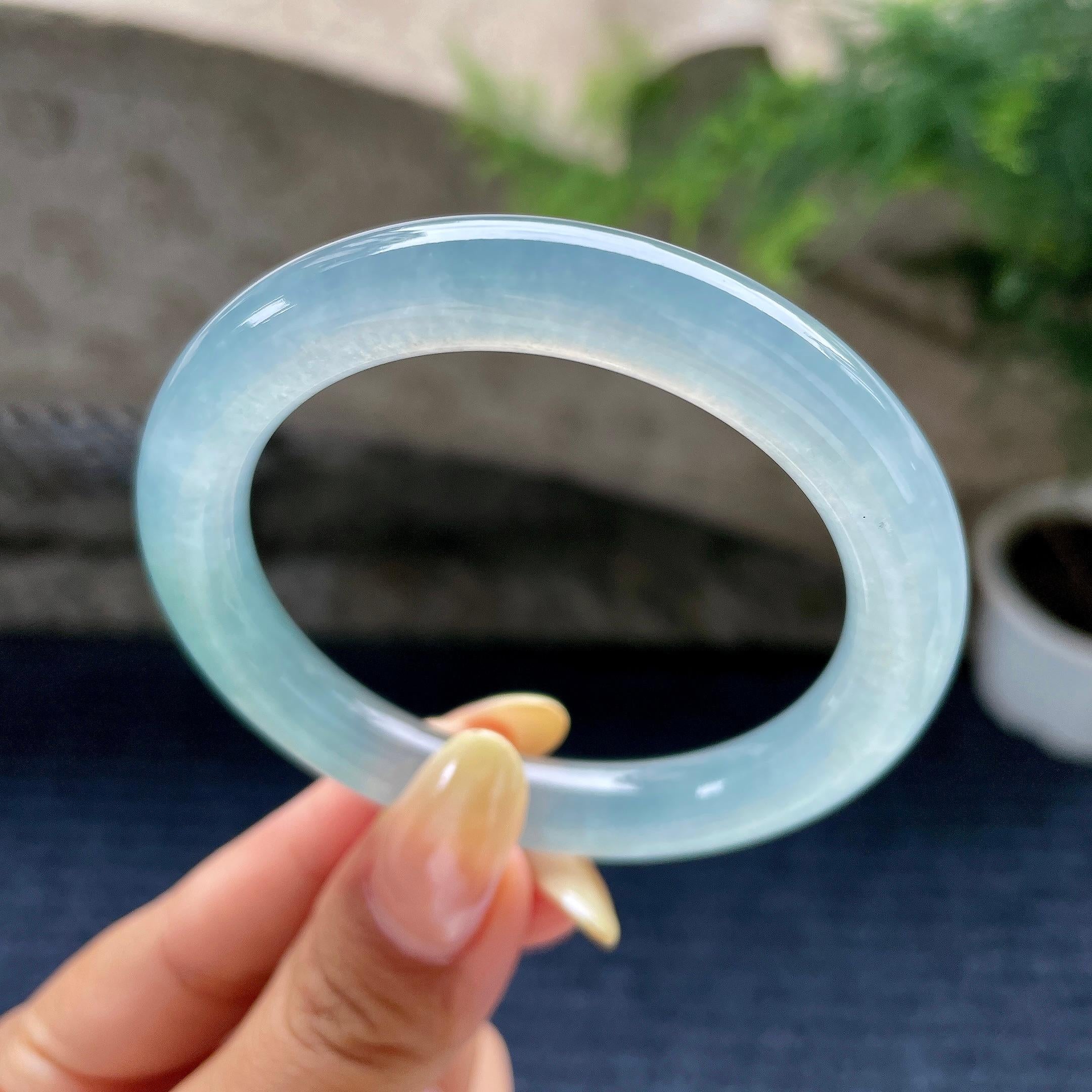 小圈口 冰种蓝水圆条手镯52.2圈 天然缅甸A货翡翠（yc489135）