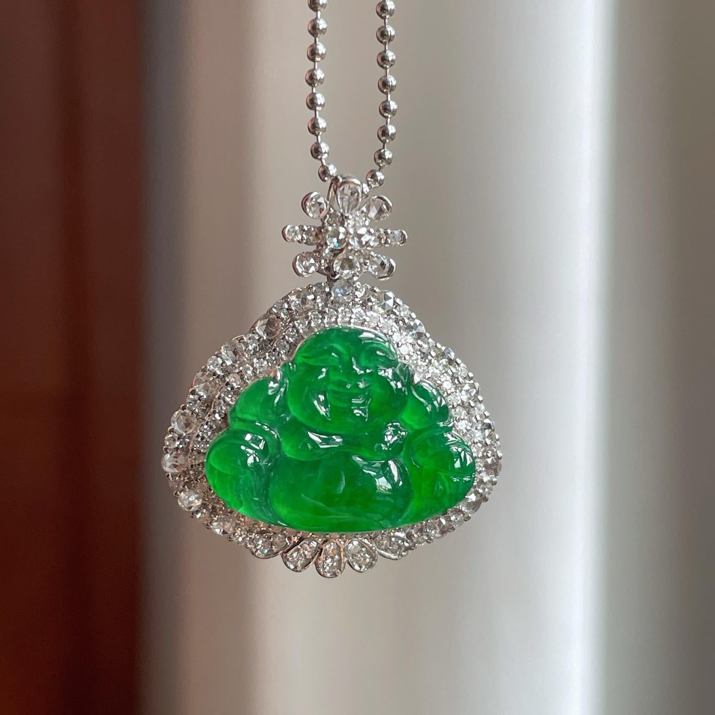 18k金钻镶冰种满绿翡翠佛公（yc257808）