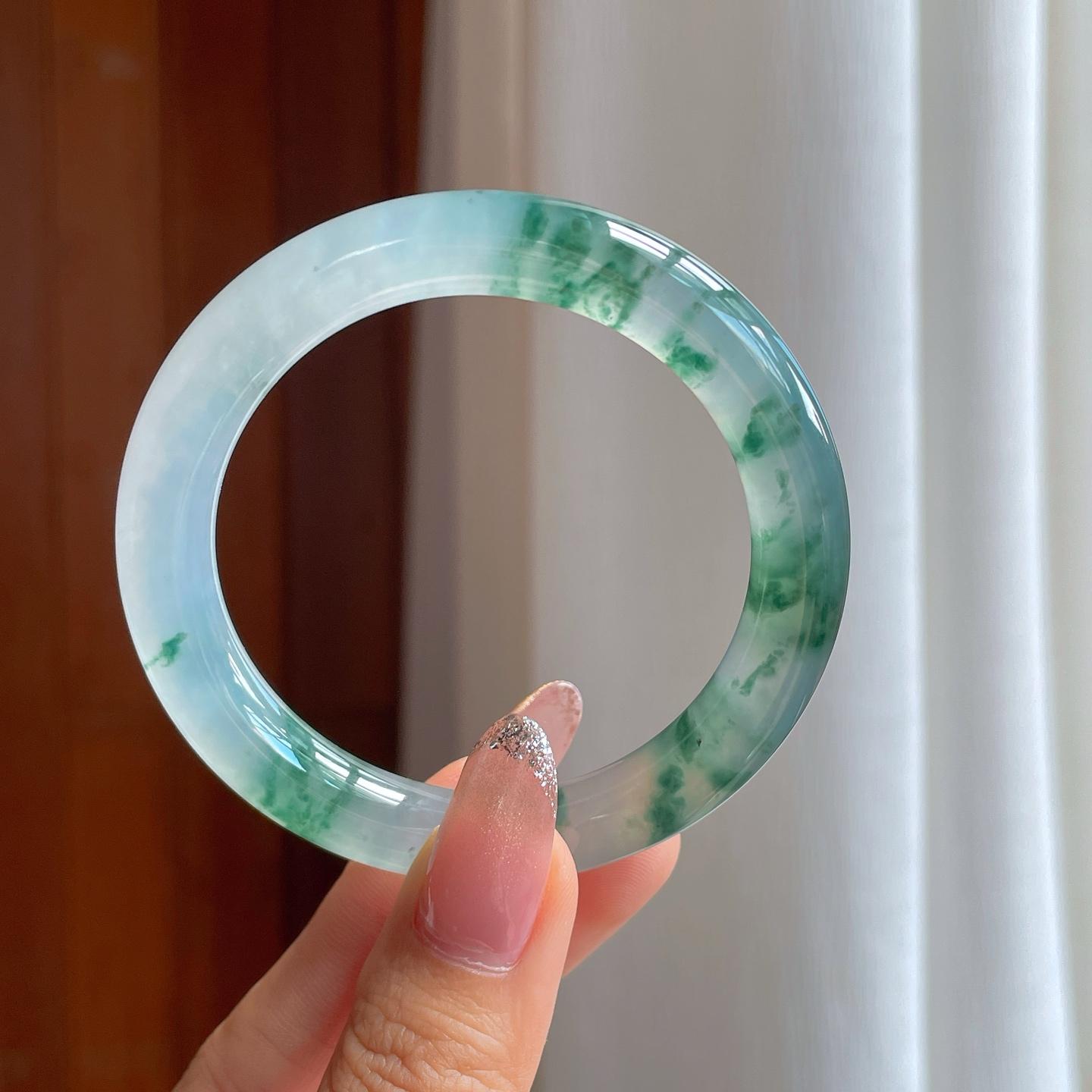 冰种飘花翡翠圆条手镯（53.2mm）（yc361754）