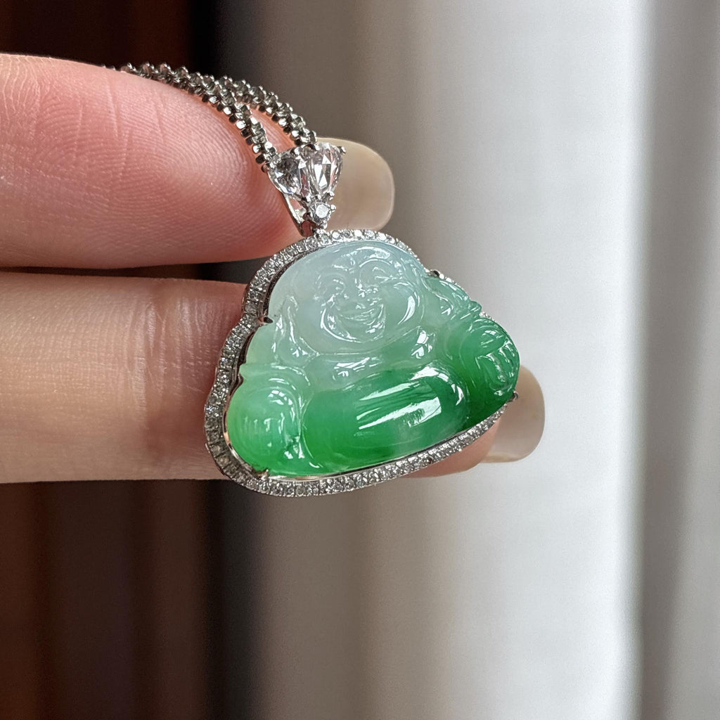 18k金镶糯冰带色玉佛 天然缅甸A货翡翠（yc458132）