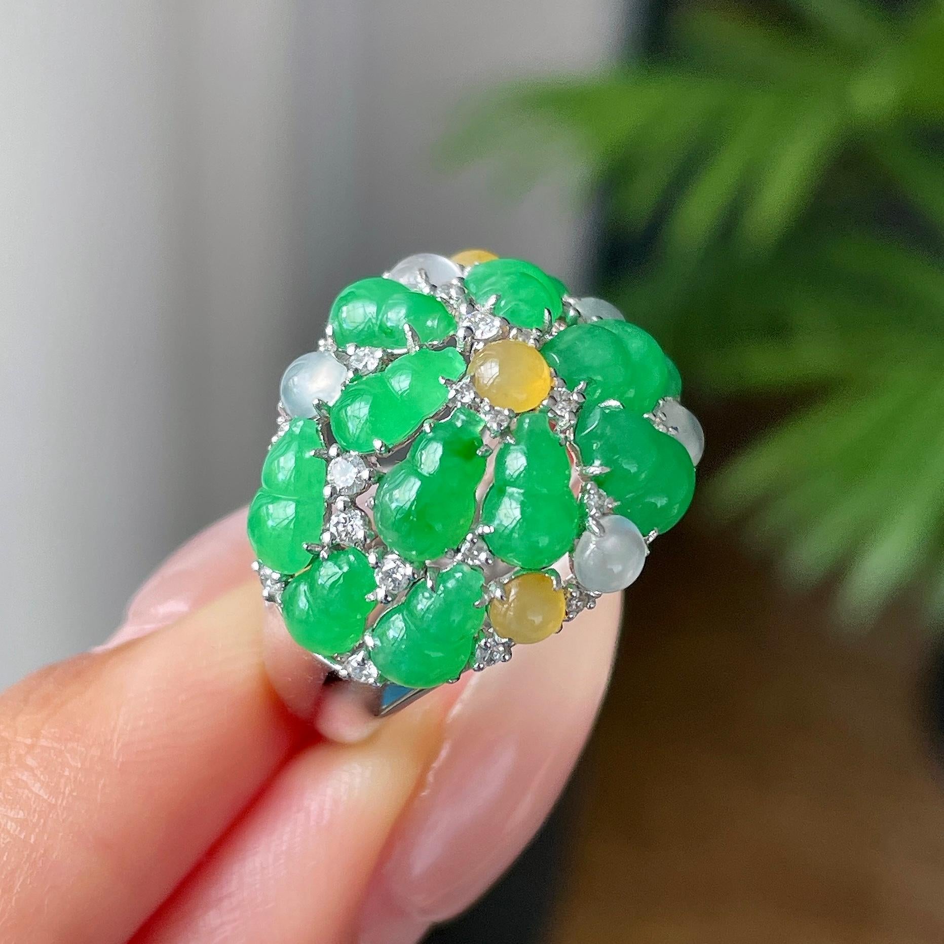 18k金钻镶糯冰种满绿葫芦戒指      天然缅甸A货翡翠（yc418891）