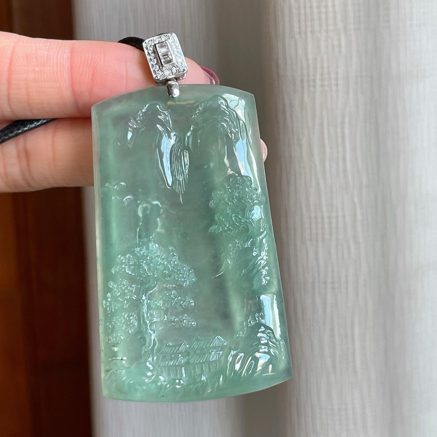 18k金钻镶冰种晴底翡翠山水牌（yc295790）