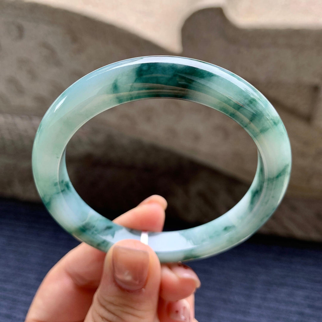 细糯种飘蓝花正圈平安镯 57圈口 天然缅甸A货翡翠（yc345011）