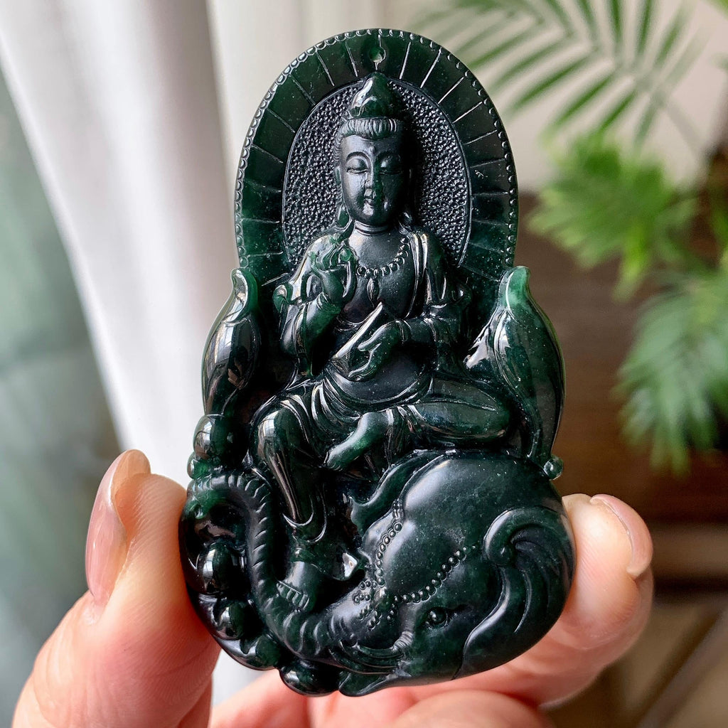细糯种墨翠普贤菩萨挂件 天然缅甸A货翡翠（yc351361）