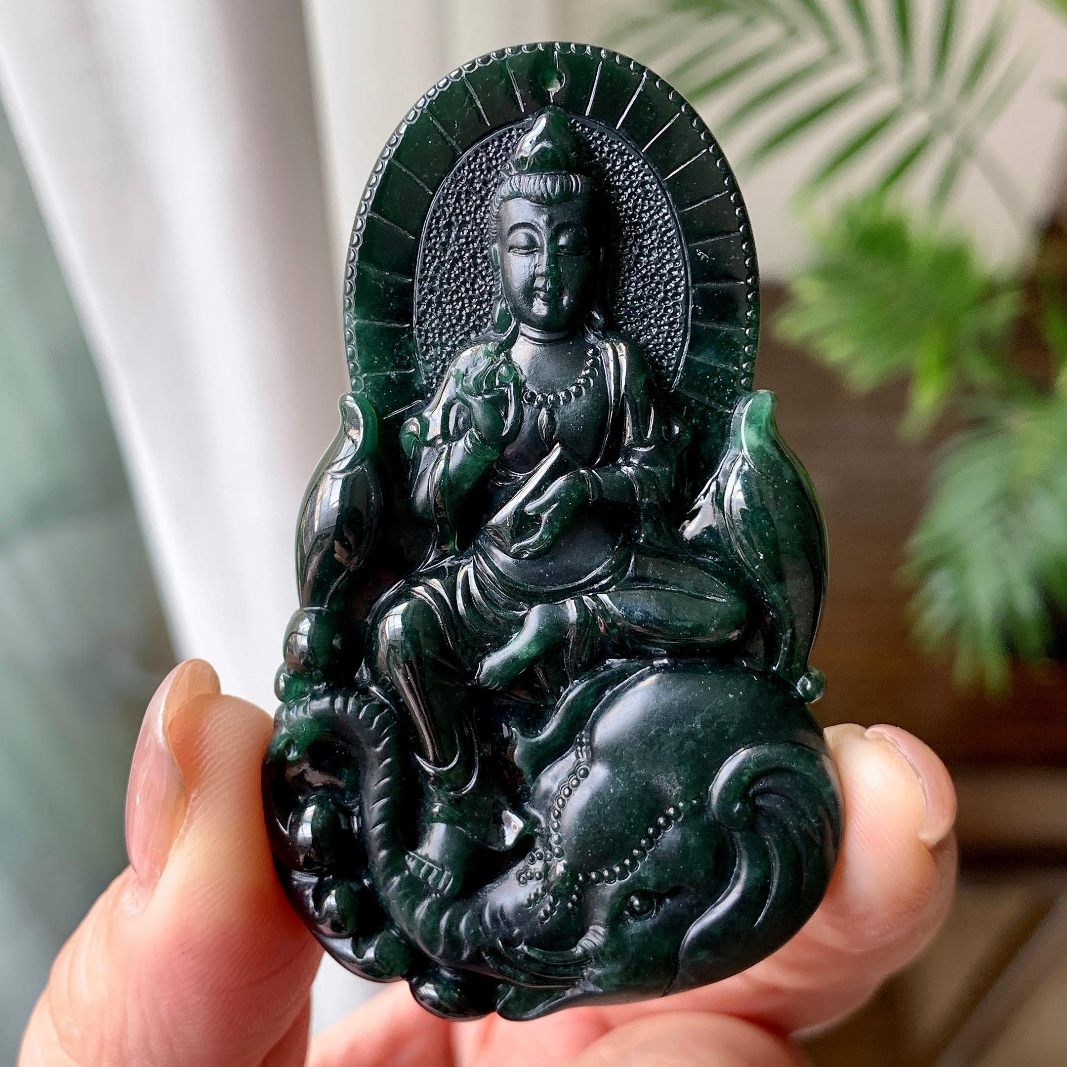 细糯种墨翠普贤菩萨挂件 天然缅甸A货翡翠（yc351361）