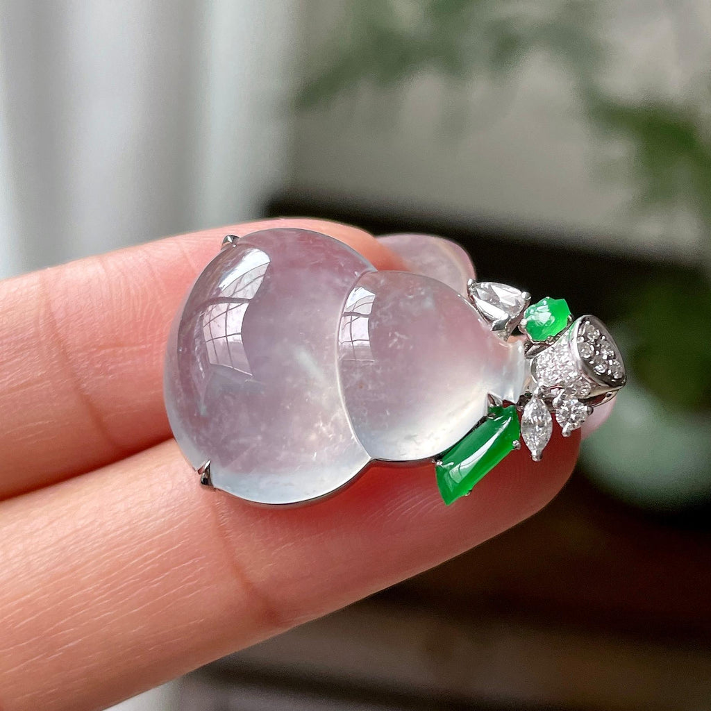 18k金钻镶冰种飘蓝花葫芦吊坠    天然缅甸A货翡翠（yc318401）