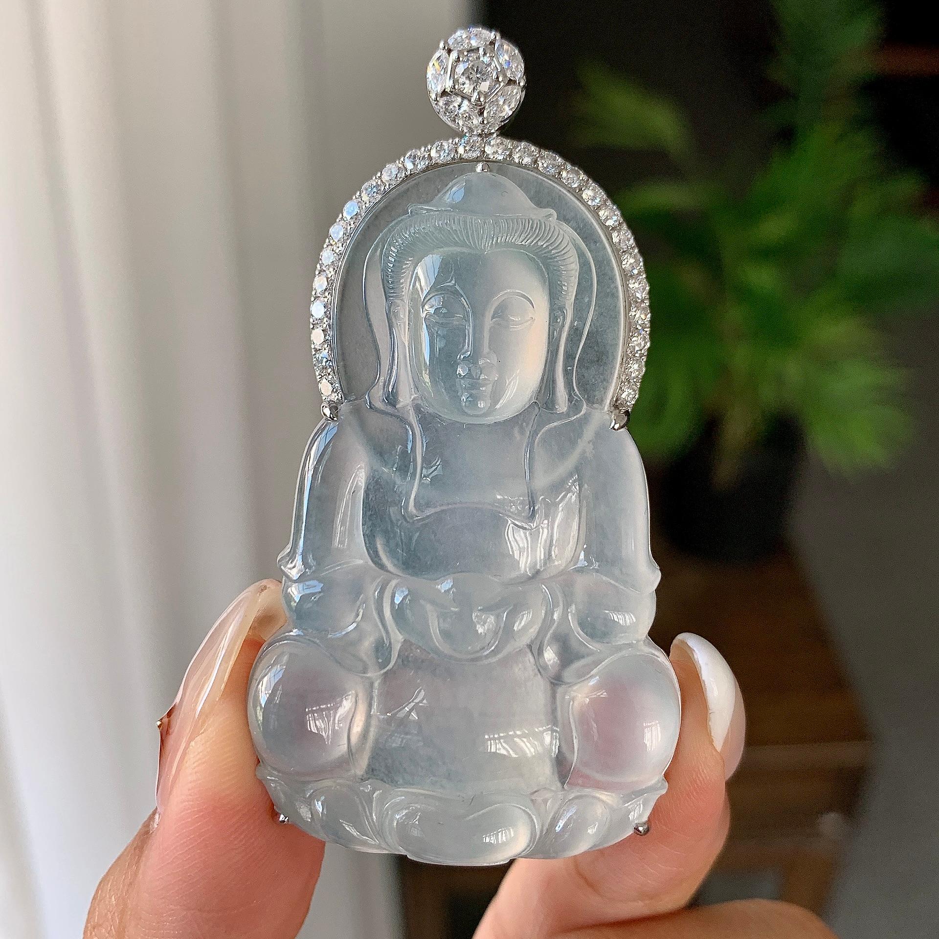 18k金钻镶冰种无色观音挂件（yc246703）