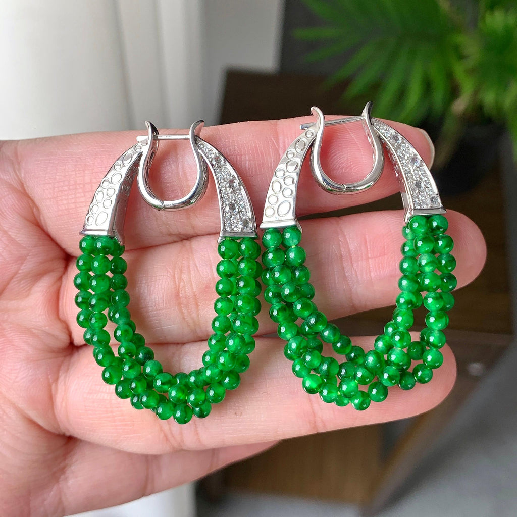 18K金钻镶糯冰种满绿小米珠耳坠（yc248205）