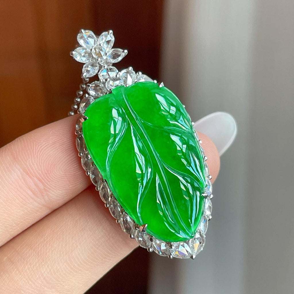 18k金镶冰种满绿翡翠叶子（yc258413）