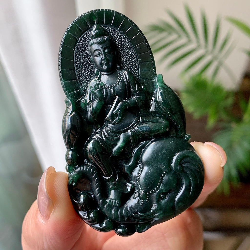 细糯种墨翠普贤菩萨挂件 天然缅甸A货翡翠（yc351361）