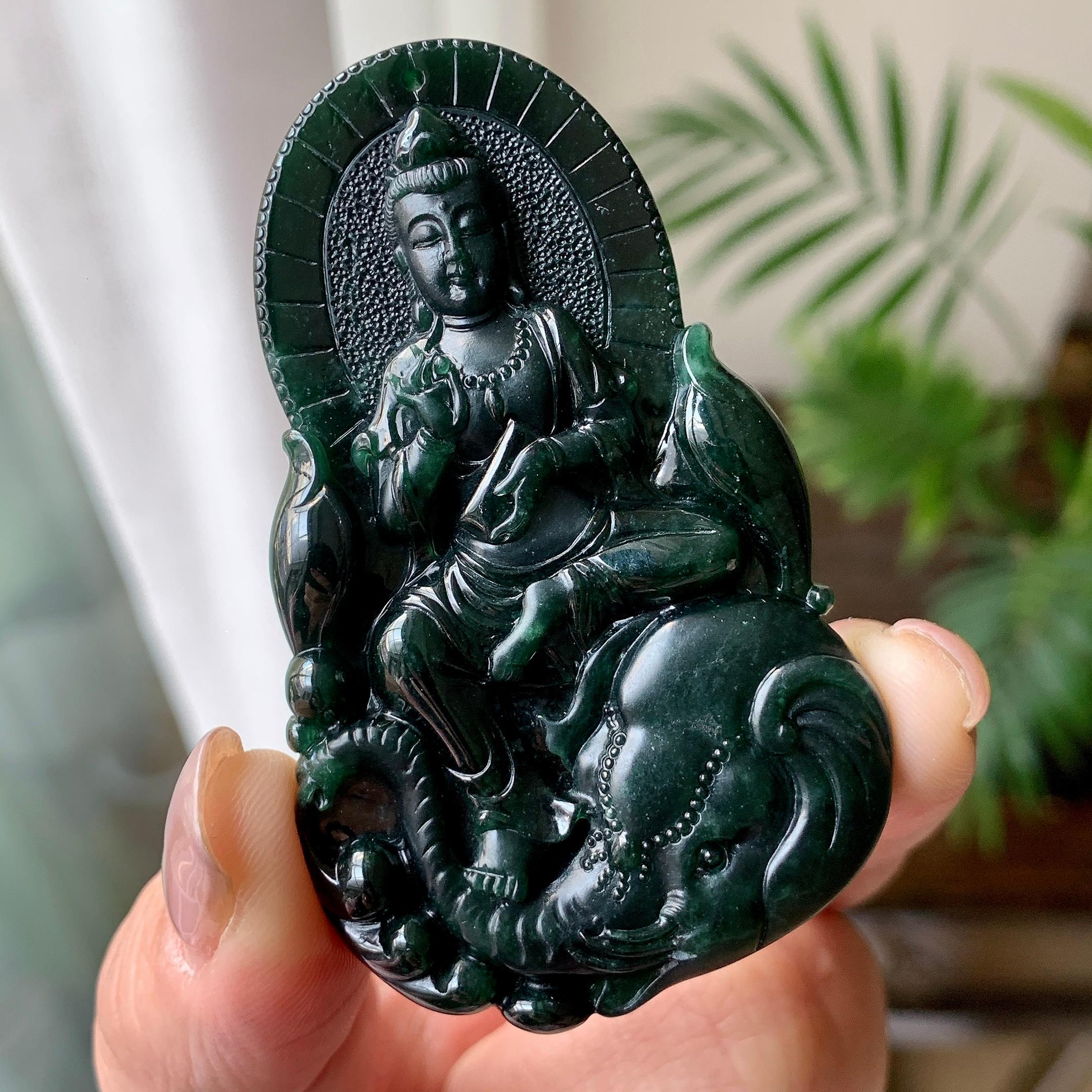 细糯种墨翠普贤菩萨挂件 天然缅甸A货翡翠（yc351361）