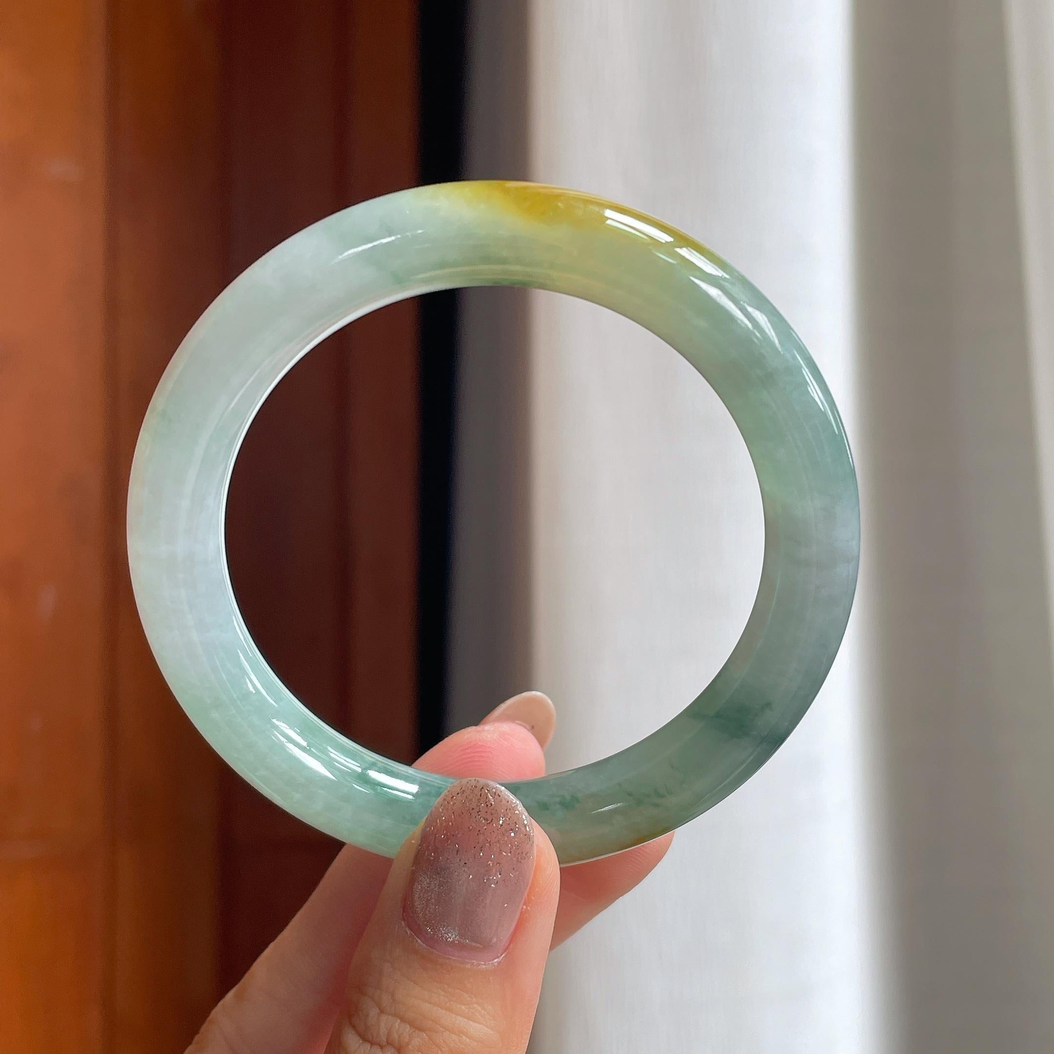 糯冰黄翡飘花圆条手镯 55圈天然缅甸A货翡翠（yc440302）