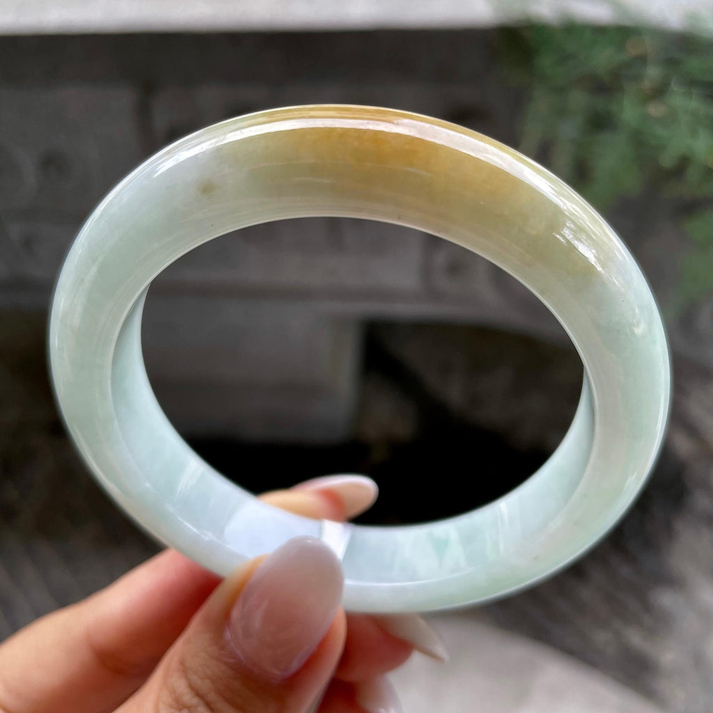 细糯种淡晴底飘黄翡正圈平安镯  57.2圈   天然缅甸A货翡翠（yc407873）
